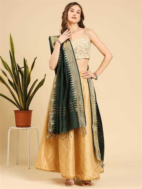 Bottle Green Banarasi Silk Dupatta with Temple Border – Dupatta Bazaar