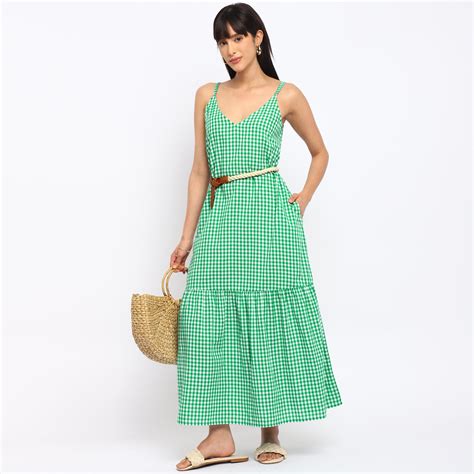 Green Gingham Tiered Maxi Dress