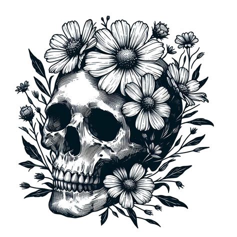 Skull with Flowers Drawing