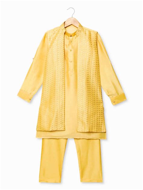 Yellow Kurta Set With Gold Embroidered Jacket For Boys – Lagorii Kids