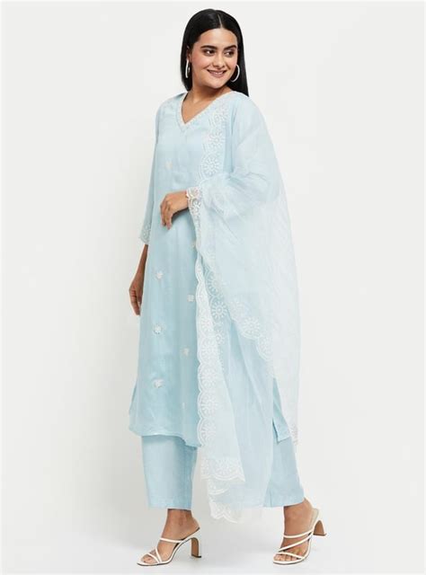 Buy Women Embroidered Three-Quarter Sleeves Kurta With Palazzo Pant and ...