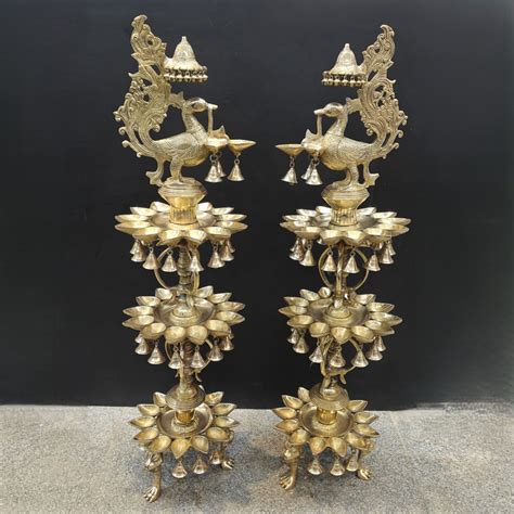 Brass Large Peacock Lamp Diya Pair With Bells & Ghungroos 4 Feet ...