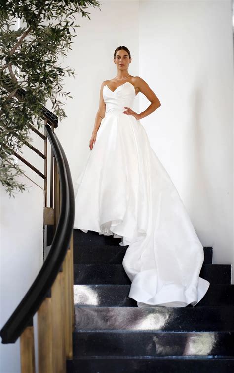 Modern Strapless Silk A-Line Wedding Dress with Long Cathedral Train - martina liana 1557