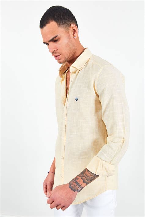 Manche Men's Embroidered Yellow Linen Shirt - Mes116488-01- Trendyol