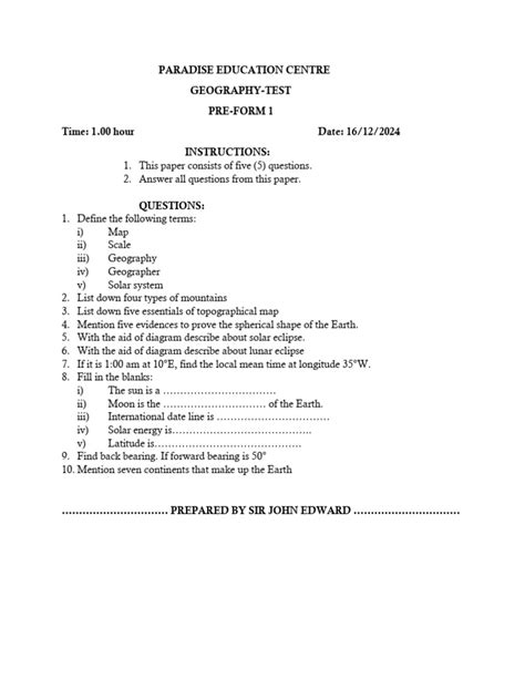 Image result for Form 1 Geography Test