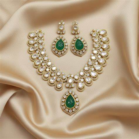 925 Silver Moissanite Polki Green Bridal Necklace Set – Sica Jewellery