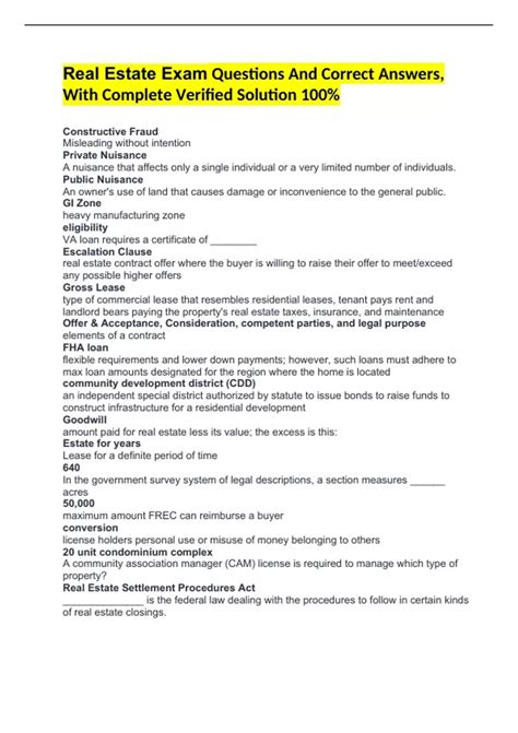 Real Estate Exam Questions And Correct Answers, With Complete Verified ...