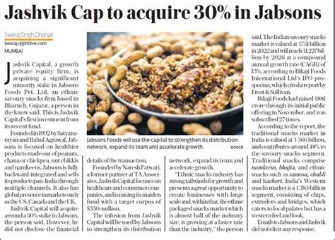 Jashvik Cap to acquire 30% in Jabsons - Mint