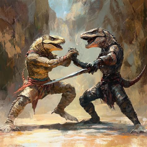 Two dinosaurs fighting with swords Illustration in oil painting style ...