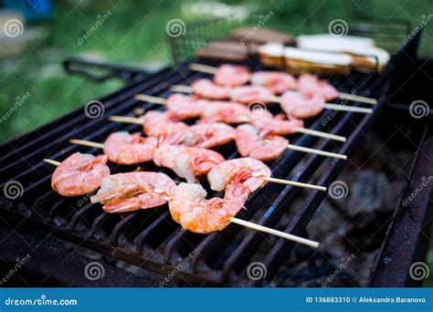 Skewers of Shrimp Langoustine on the Grill Stock Photo - Image of ...