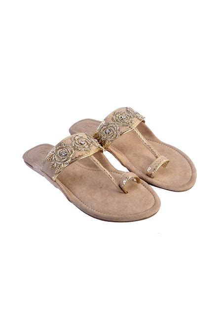 Buy Beige Embroidery, Cut Work Suede Kolhapuri Sandals by Preet Kaur ...