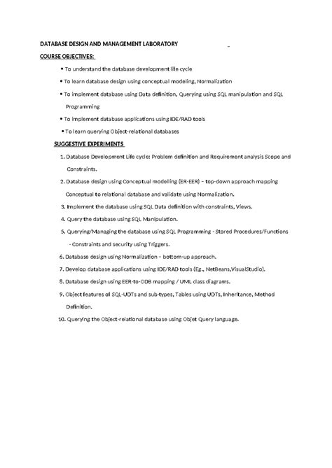 Database Design AND Management Laboratory L T P C 0 0 3 1 - DATABASE ...