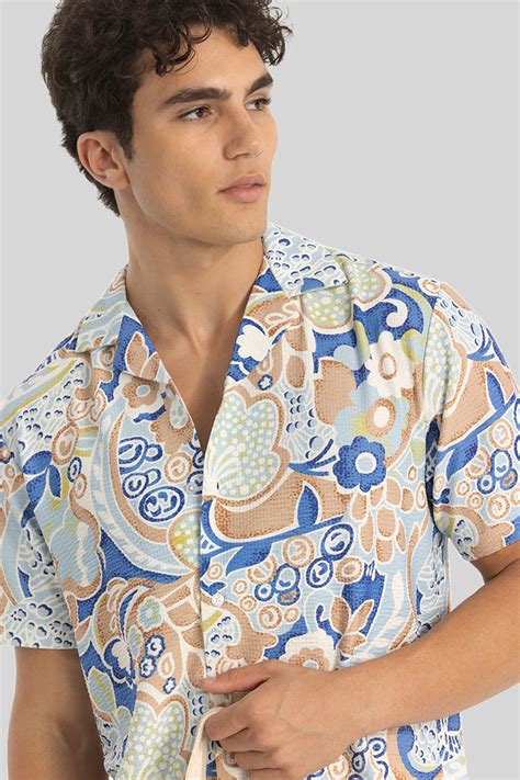 Buy Men's Blue Cuban Collar Printed Shirt Online | Snitch – SNITCH