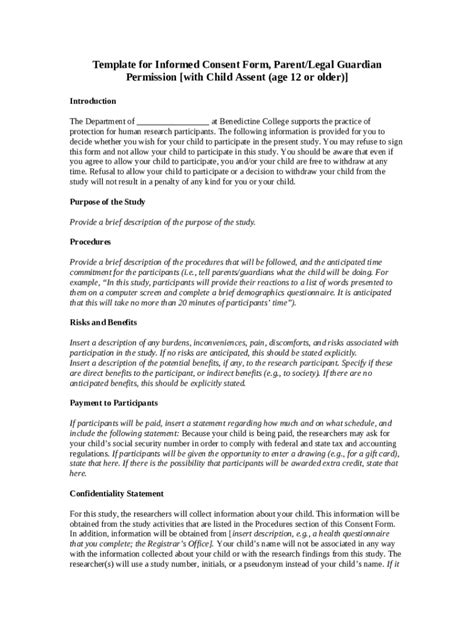 Template for Ined Consent , Parent/Legal Guardian Permission with Child ...