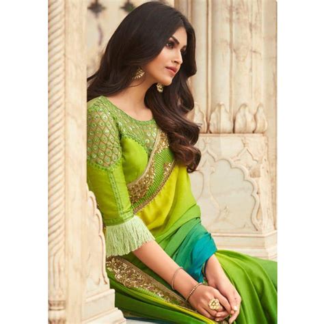 Green And Blue Floral Sequins Embroidered Art SIlk Saree