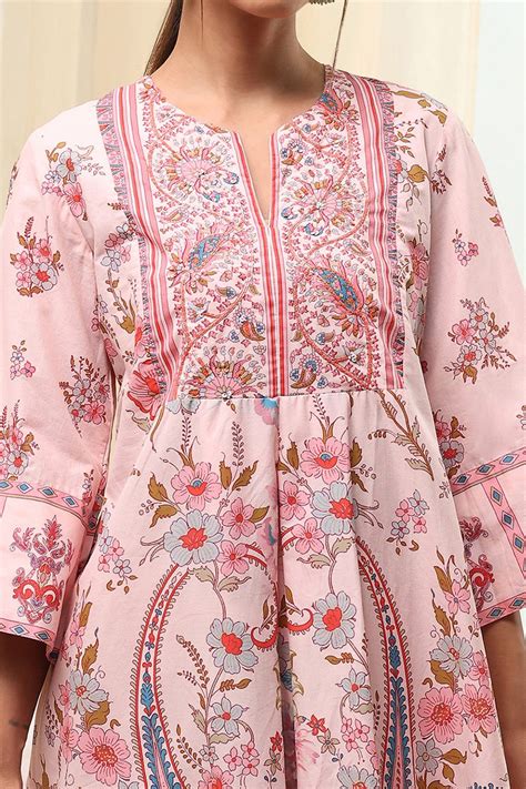 Buy Peach-Colored Cotton Floral A-Line Kurta Set Online at Biba India