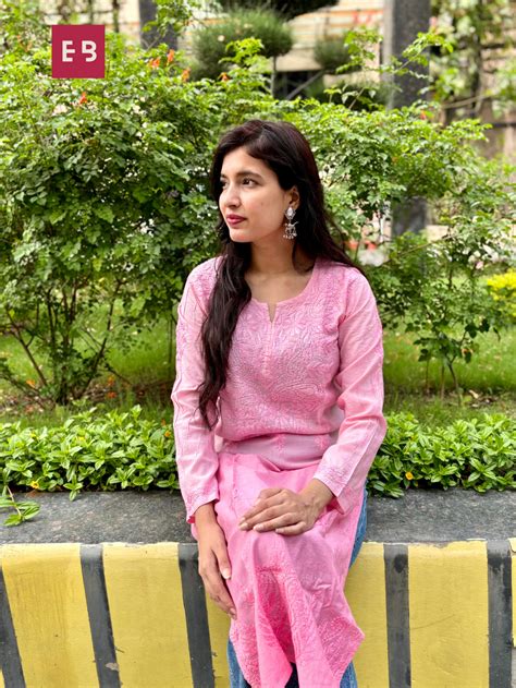 Pink Chikankari Ombre Chanderi Cotton Long Kurta – Ethnic Banno