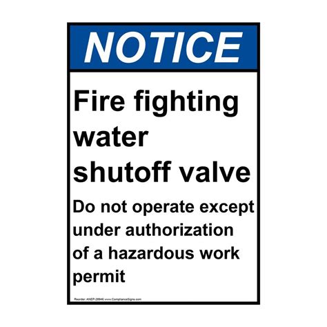 Compliancesigns Vertical Vinyl Ansi Notice Fire Fighting Water Shutoff ...