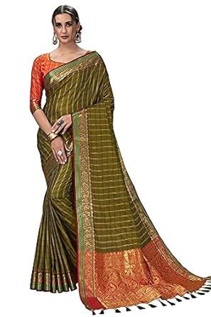 Buy Aksharam Green Silk Blend Kanjeevaram Saree with Unstitched Blouse ...