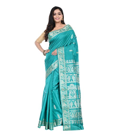 Cyan silver zari handwoven silk baluchari saree – GoSwadeshi