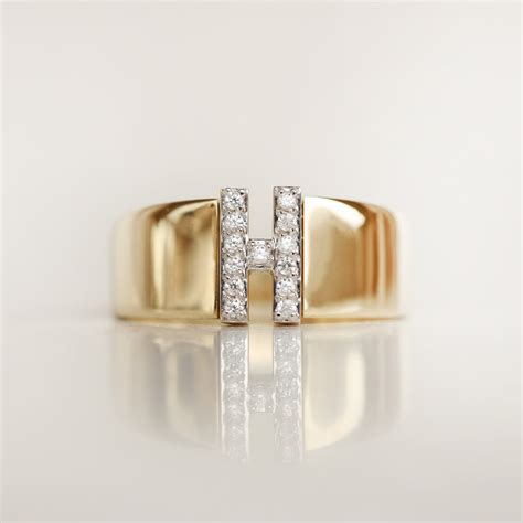 14K Real Gold Zircon Initial Ring - Personalized H Letter Ring - Solid ...