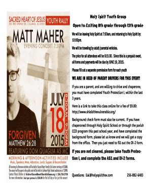 Fillable Online Holy Spirit Youth Group Open to: Exiting 8th grade ...