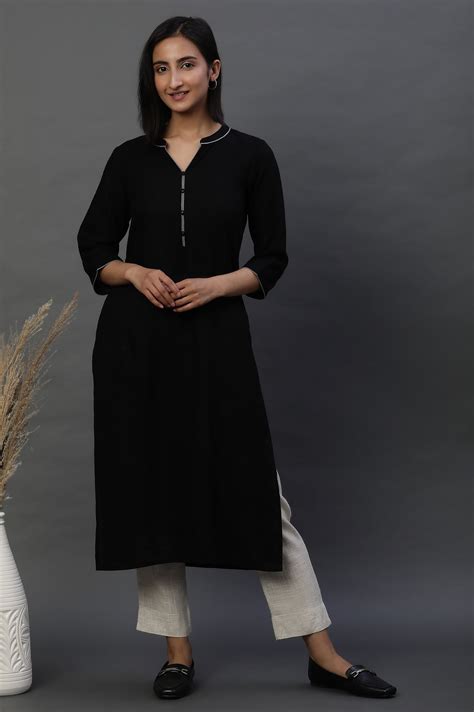 Buy Black Mandarin Collar Casual Kurta Online for Woman | Shop for Aurelia