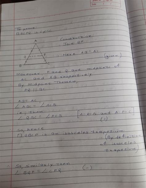 In ∆ABC, AB=AC. P is the midpoint of AC and Q is the midpoint of AB ...