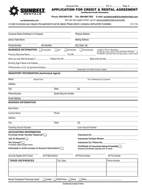 Sunbelt Rentals Application for Credit Rental Agreement Form - Fill ...