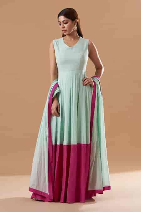 Buy Blue Cotton V-neck Color Blocked Pattern Anarkali With Dupatta For ...