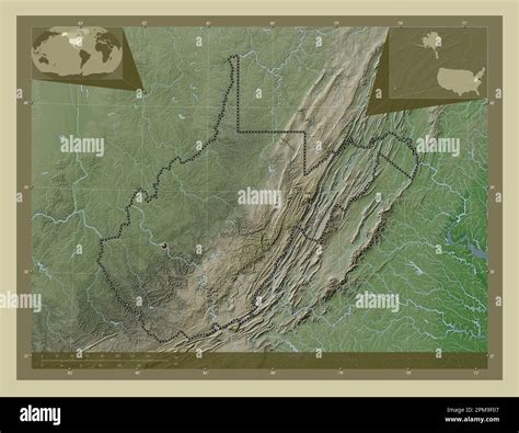 West Virginia, state of United States of America. Elevation map colored ...