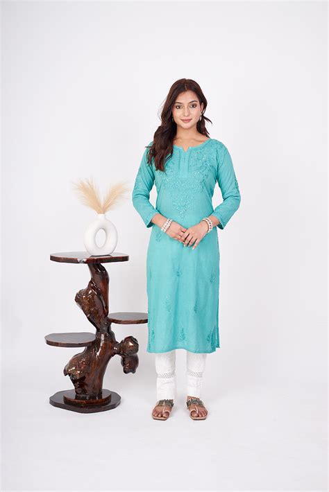 Buy Best Rehmat Cotton Mukaish Sky Blue Lucknowi Chikan Kurta Online In ...