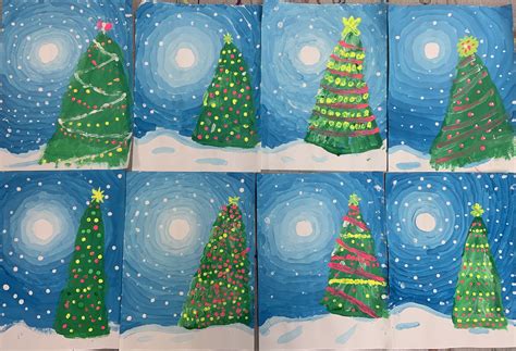 3rd grade’s tints and shades Christmas tree paintings. Made with ...