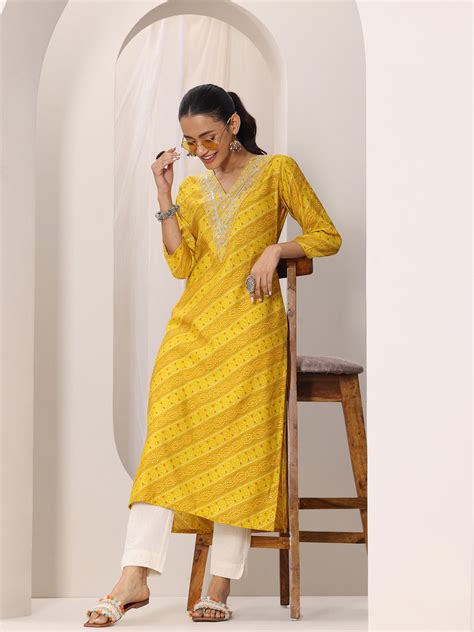 Buy Mustard Printed Silk Blend Straight Kurta Online at $31.00 USD ...