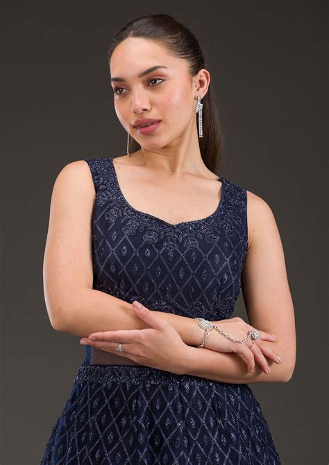 Buy Navy Blue Cutdana Net Gown - Koskii