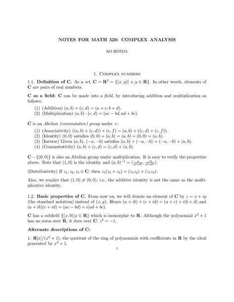 Notes - NOTES FOR MATH 520: COMPLEX ANALYSIS KO HONDA Complex numbers ...