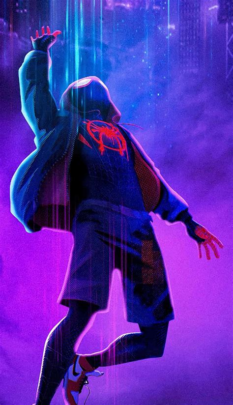 Download Neon Lights With Falling Spider Man Miles Morales iPhone Wallpaper | Wallpapers.com