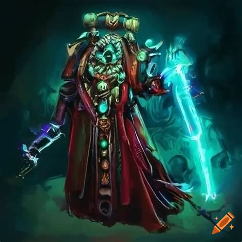 Warhammer 40k tech priest standing with cybernetic enhancements on Craiyon