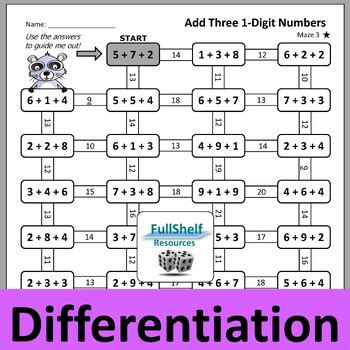 Adding 3 One-Digit Numbers Math Mazes Addition Puzzles Worksheets NO PREP