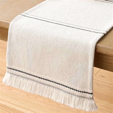 Grey & White Woven Table Runner with White Fringe, 72x14