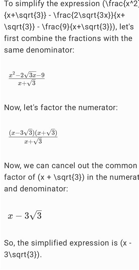 (x2)/(x+\sqrt(3))-(2\sqrt(3x ))/(x+\sqrt(3)) -(9)/(x+\sqrt(3)) - Brainly.in