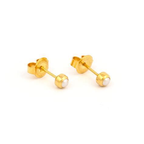 2MM Baby Bezel White Pearl 24K Pure Gold Plated Piercing Ear Stud For ...