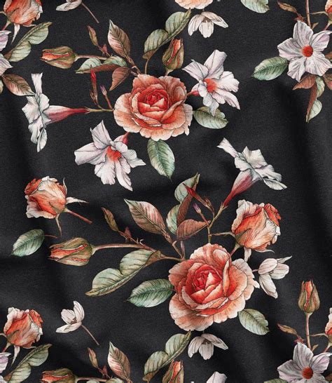 Black Background Classic Rose Pattern Digital Print Fabric, Floral ...