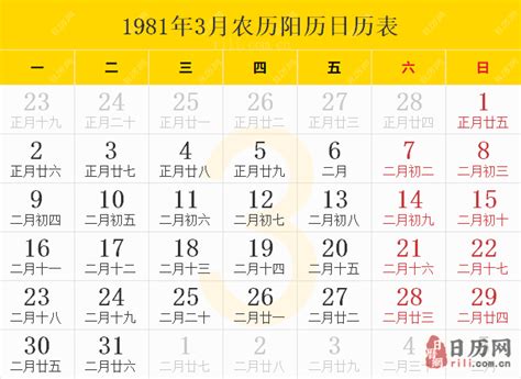 1981年日曆表,1981年農曆表（陰曆陽曆節日對照表）_1981年農曆陽曆表對照 - 生二網