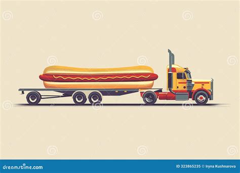 Illustrative Big Rig Truck Pulls Giant Hot Dog on Flatbed, Minimalistic ...