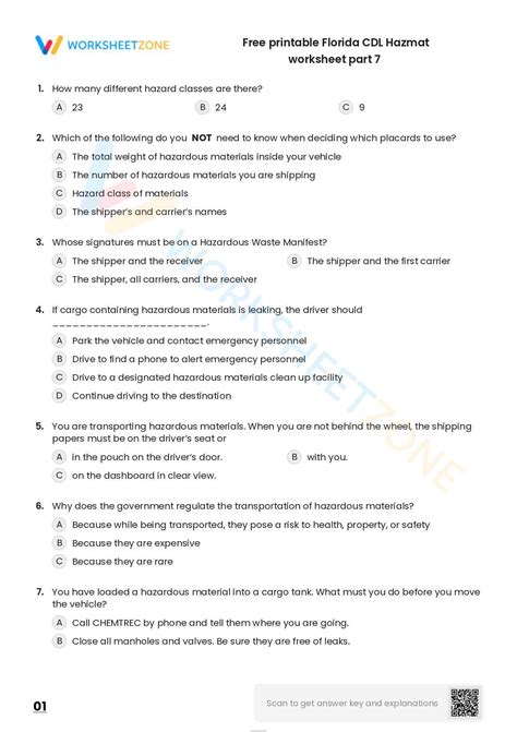 Free printable Florida CDL Hazmat worksheet part 10 | Worksheet Zone
