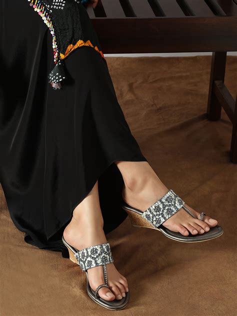 Buy Now Women Pewter Embellished Ethnic One Toe Wedges Heels