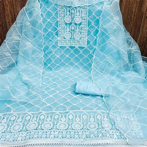 Floral Embroidered Organza Unstitched Dress Material