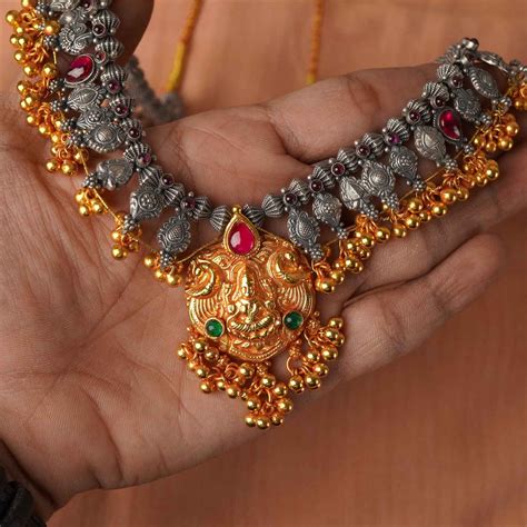 Buy dual tone hand made silver kolhapuri saaj with an laxmi pendant ...