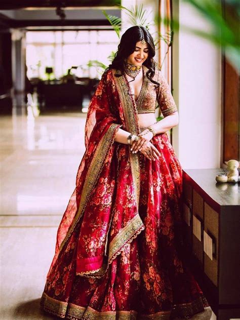 Maroon Floral Printed Organza Bridal Lehenga Choli